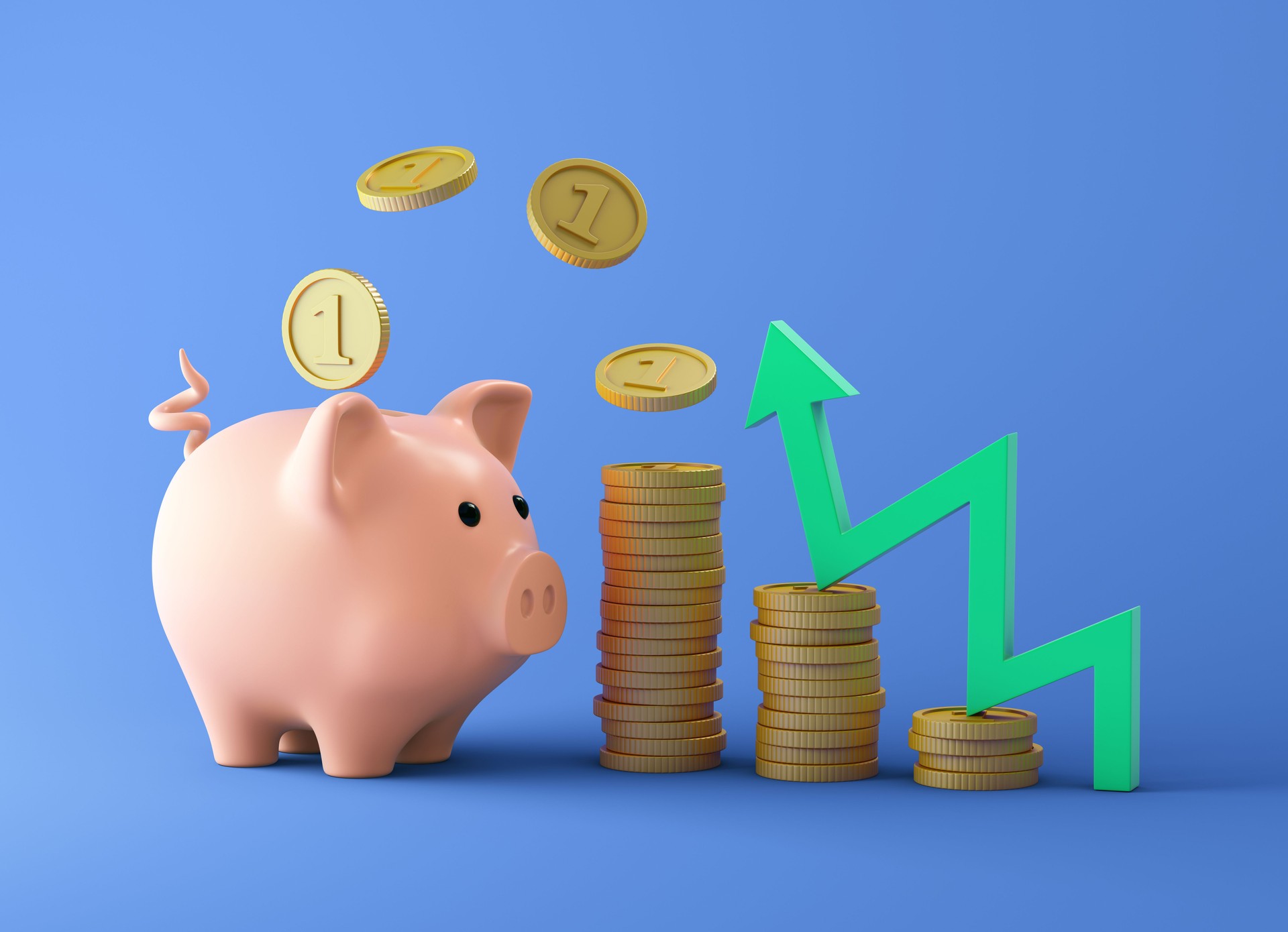 Pink piggy bank and coin stacks on blue background
